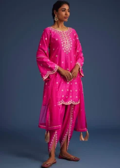 Hot Pink Silk Embroidered Kurta Dhoti Set