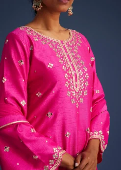 Hot Pink Silk Embroidered Kurta Dhoti Set
