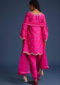 Hot Pink Silk Embroidered Kurta Dhoti Set