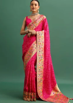 Hot Pink Woven Bandhani Silk Saree With Paithani Border Pallu And Unstitched Blouse