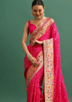 Hot Pink Woven Bandhani Silk Saree With Paithani Border Pallu And Unstitched Blouse