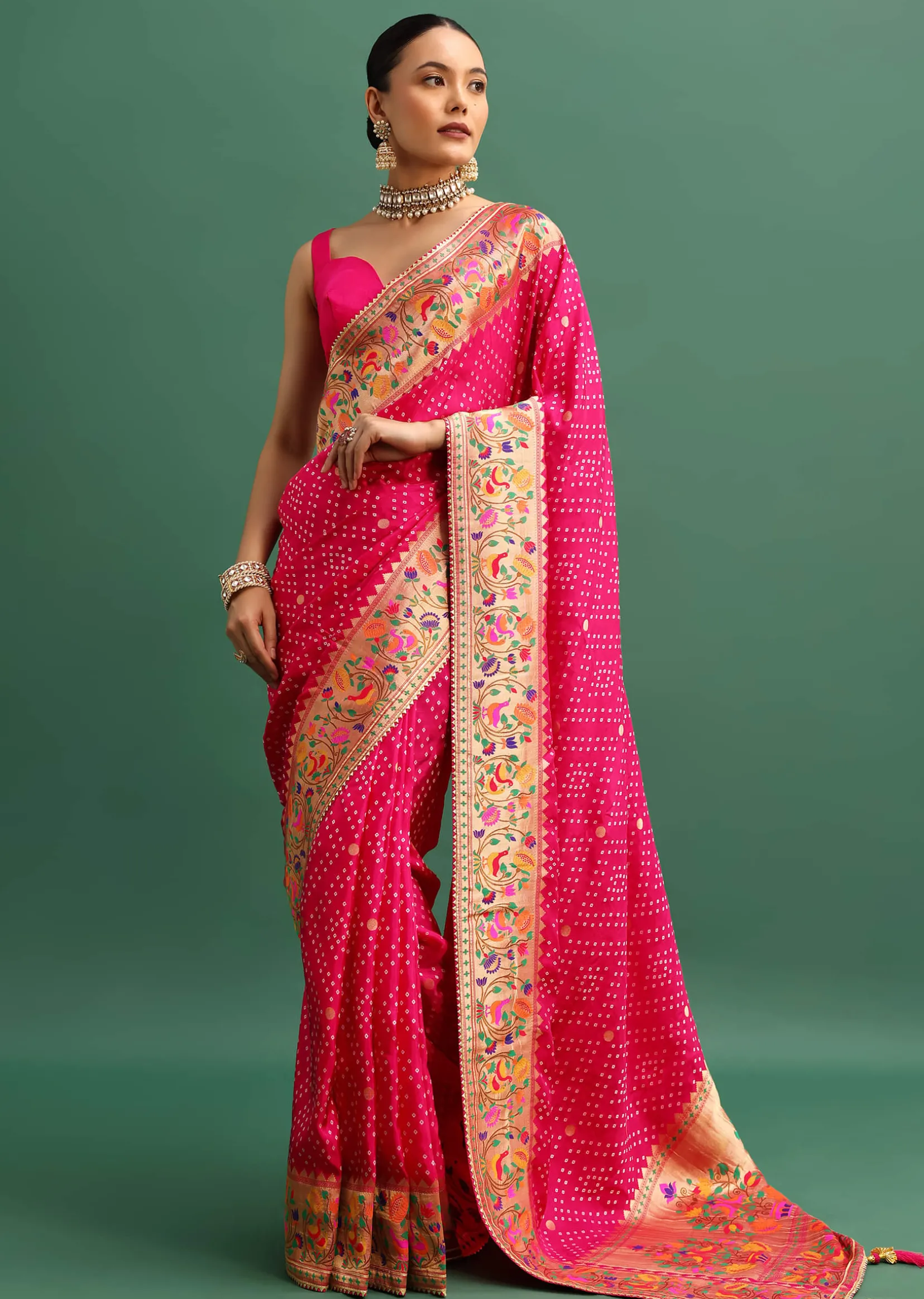 Hot Pink Woven Bandhani Silk Saree With Paithani Border Pallu And Unstitched Blouse