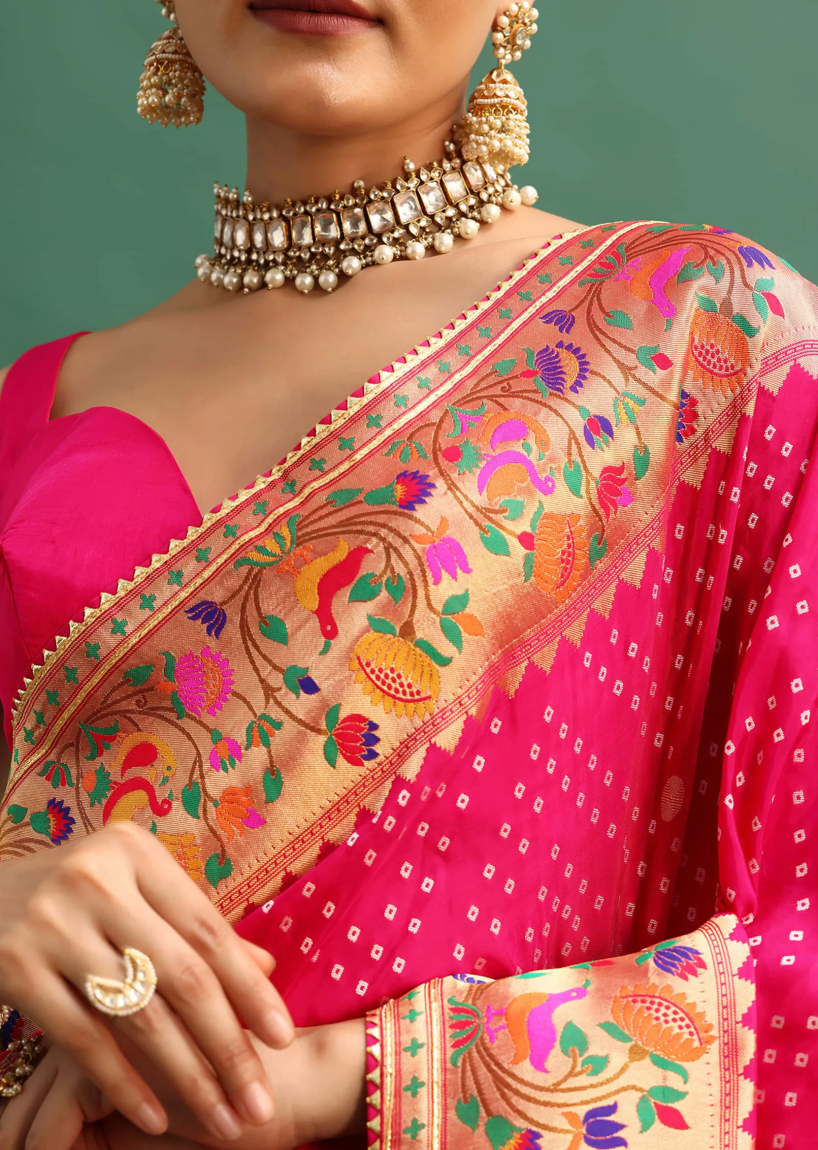 Hot Pink Woven Bandhani Silk Saree With Paithani Border Pallu And Unstitched Blouse