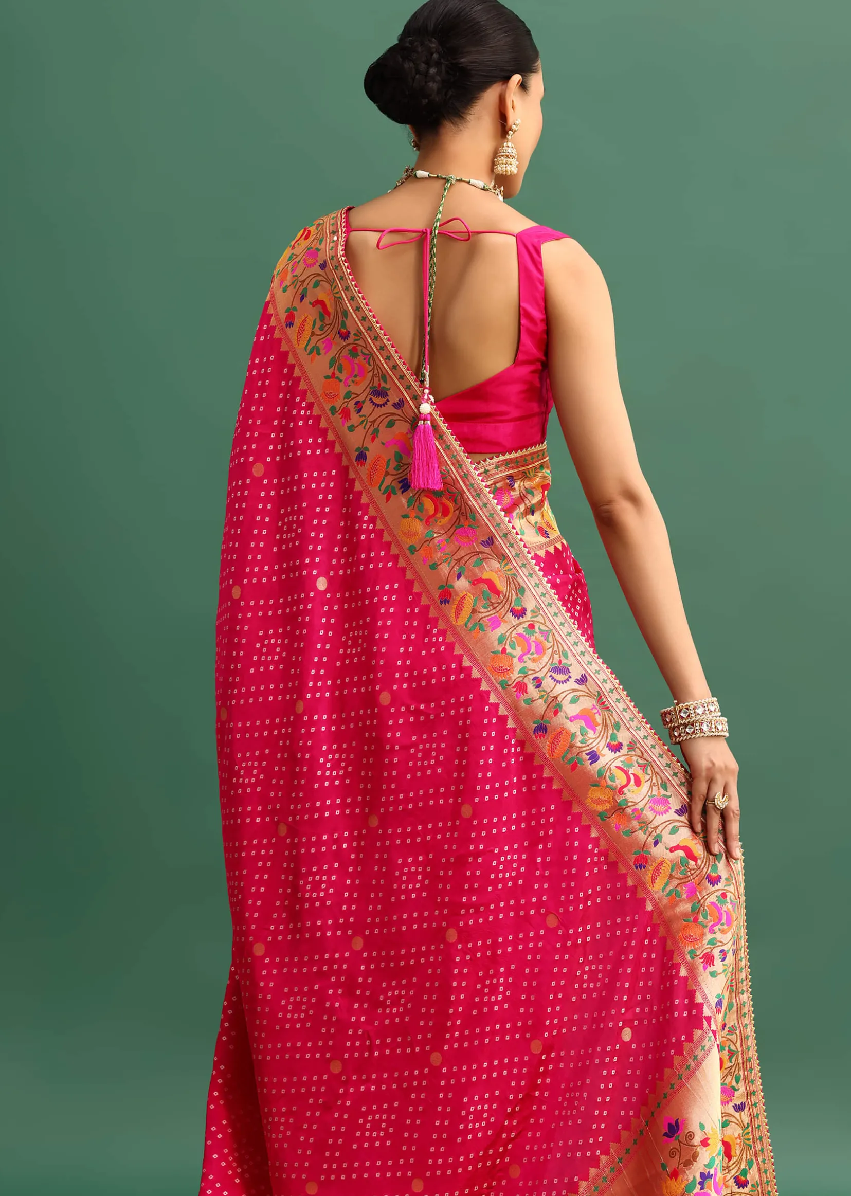 Hot Pink Woven Bandhani Silk Saree With Paithani Border Pallu And Unstitched Blouse