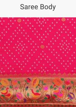 Hot Pink Woven Bandhani Silk Saree With Paithani Border Pallu And Unstitched Blouse