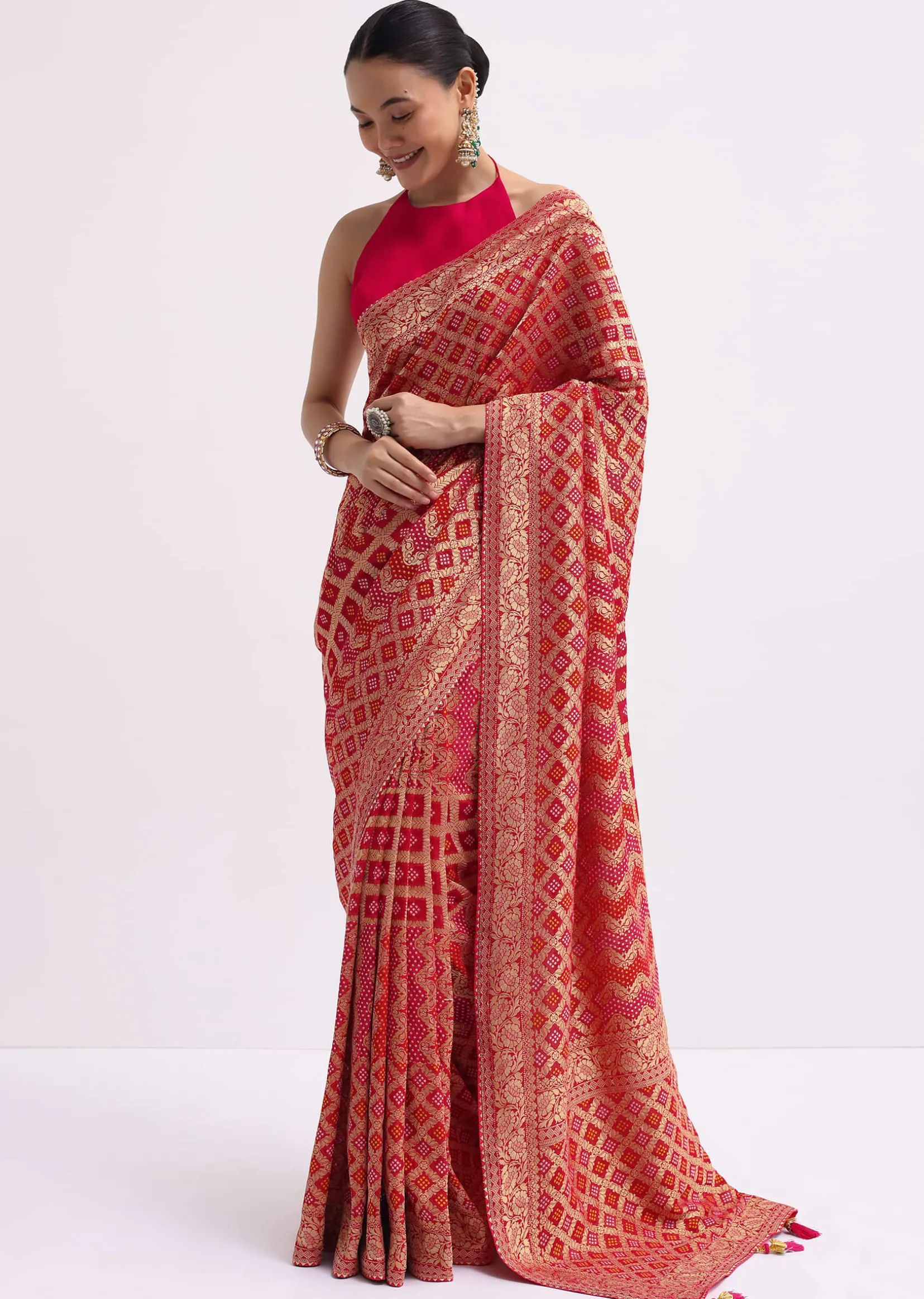 Hot Pink Woven Khadi Georgette Saree With Unstitched Blouse