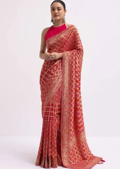 Hot Pink Woven Khadi Georgette Saree With Unstitched Blouse