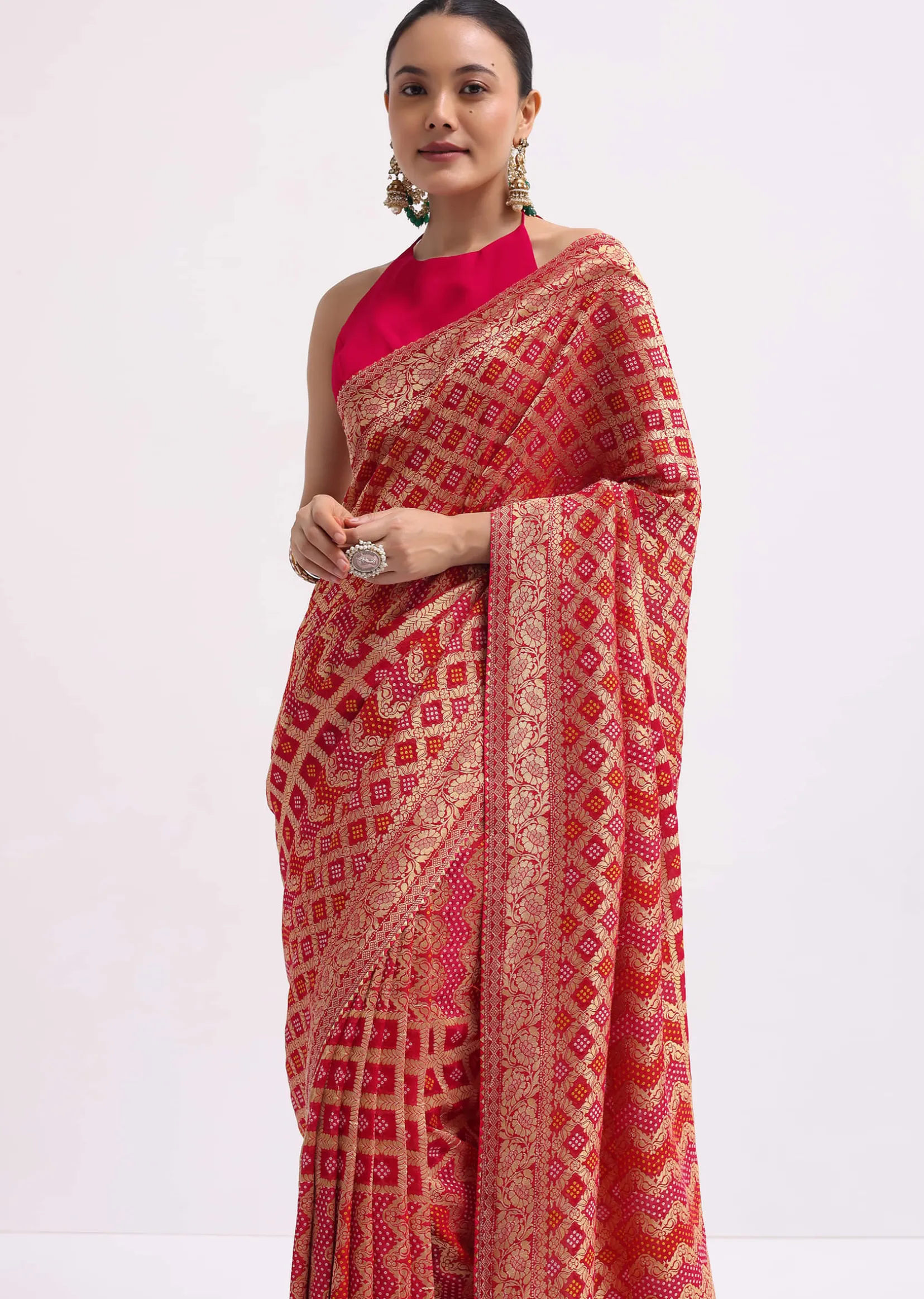 Hot Pink Woven Khadi Georgette Saree With Unstitched Blouse