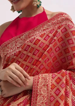 Hot Pink Woven Khadi Georgette Saree With Unstitched Blouse