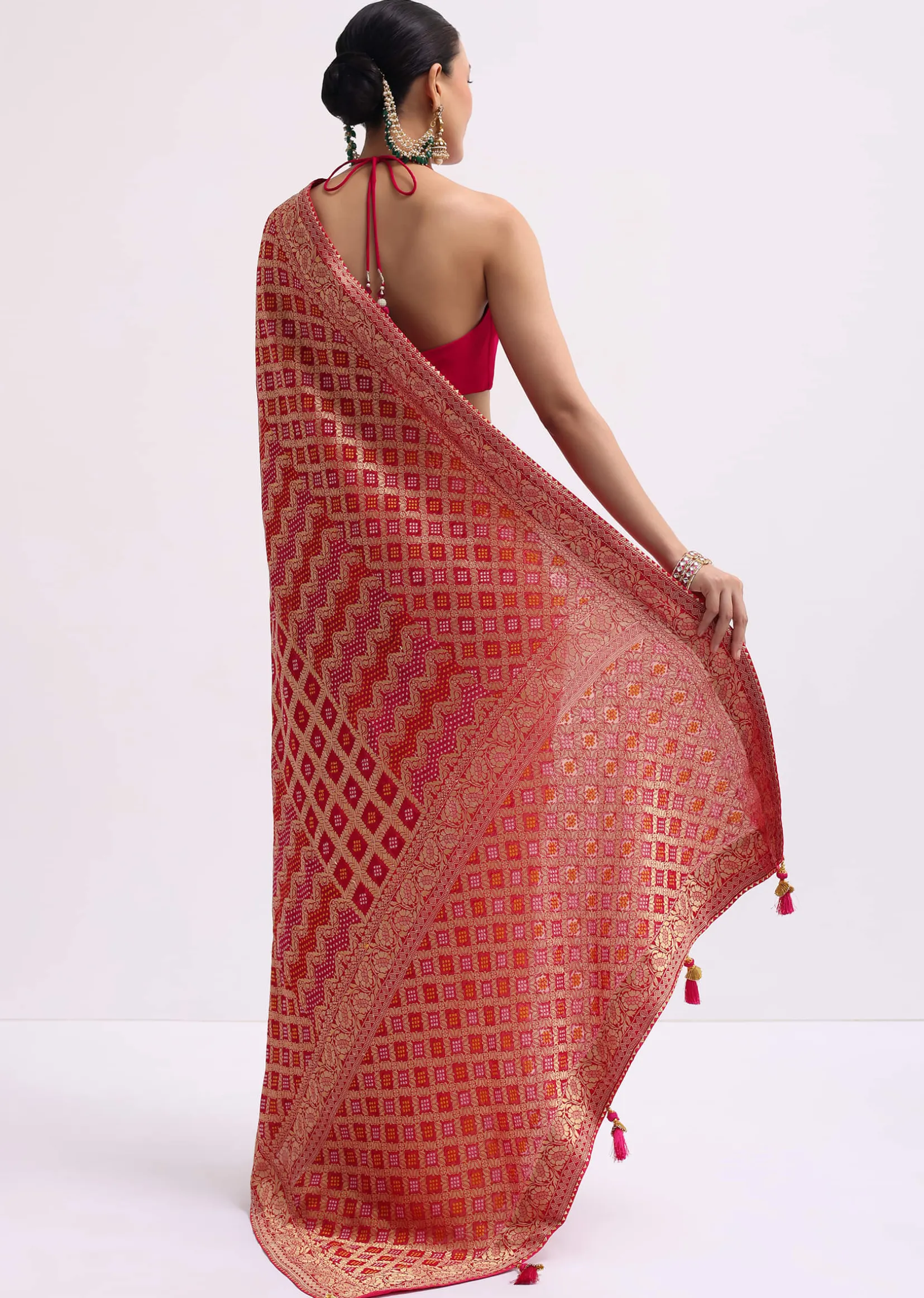 Hot Pink Woven Khadi Georgette Saree With Unstitched Blouse