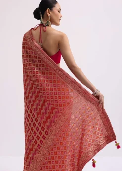 Hot Pink Woven Khadi Georgette Saree With Unstitched Blouse