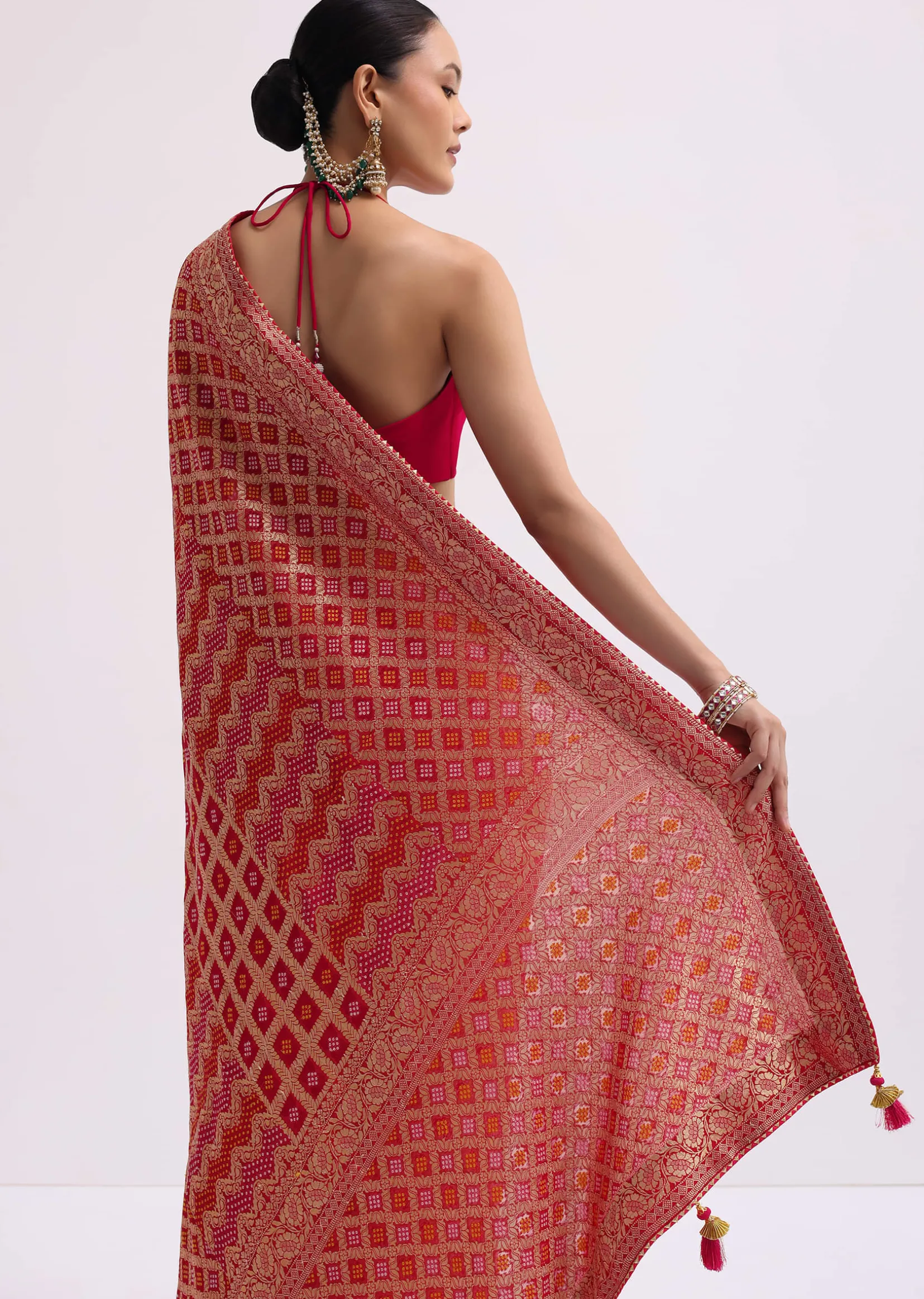 Hot Pink Woven Khadi Georgette Saree With Unstitched Blouse