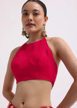 Hot Pink Woven Khadi Georgette Saree With Unstitched Blouse