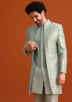 Ice Blue Cotton Silk Embroidered Sherwani Set