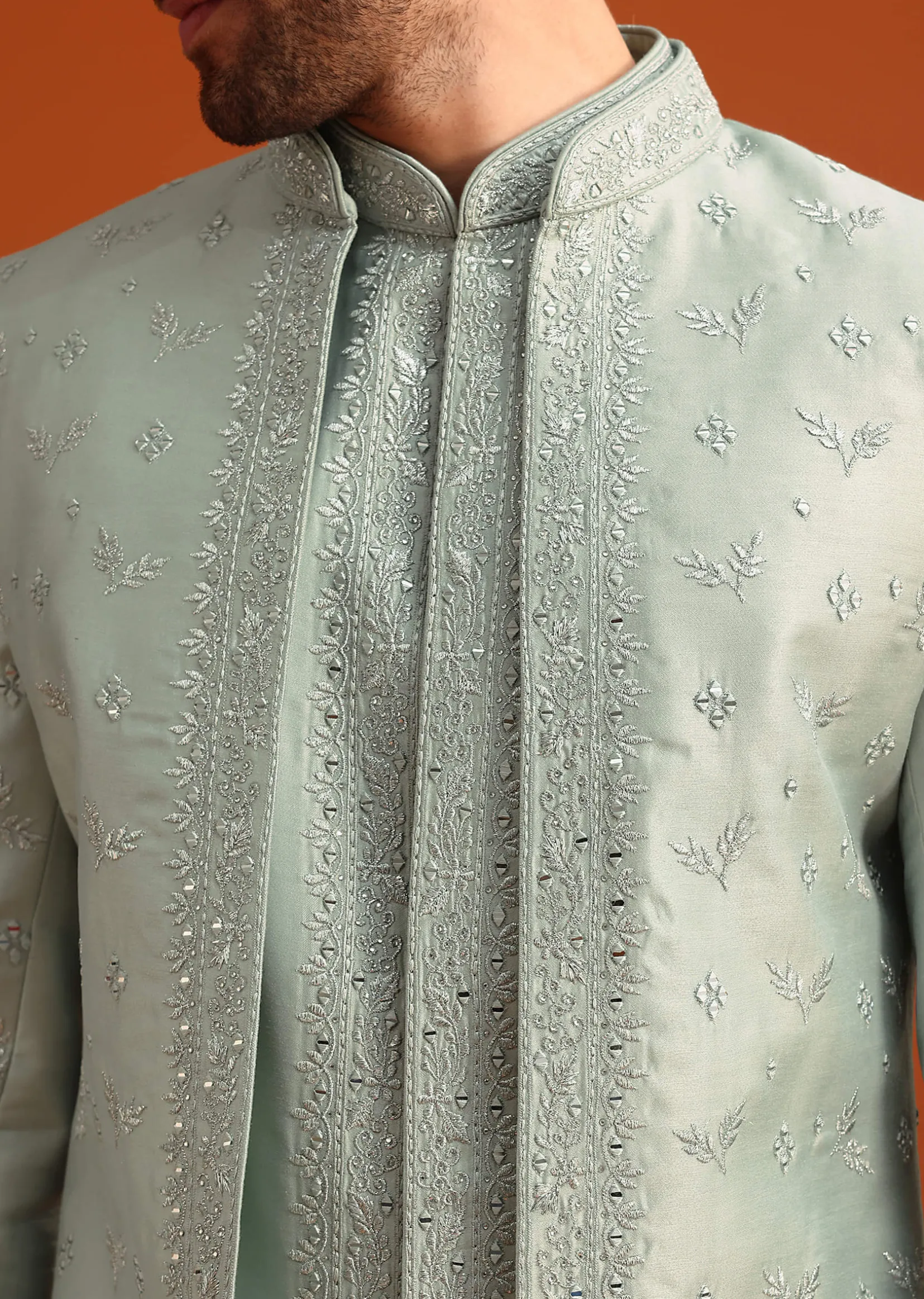 Ice Blue Cotton Silk Embroidered Sherwani Set