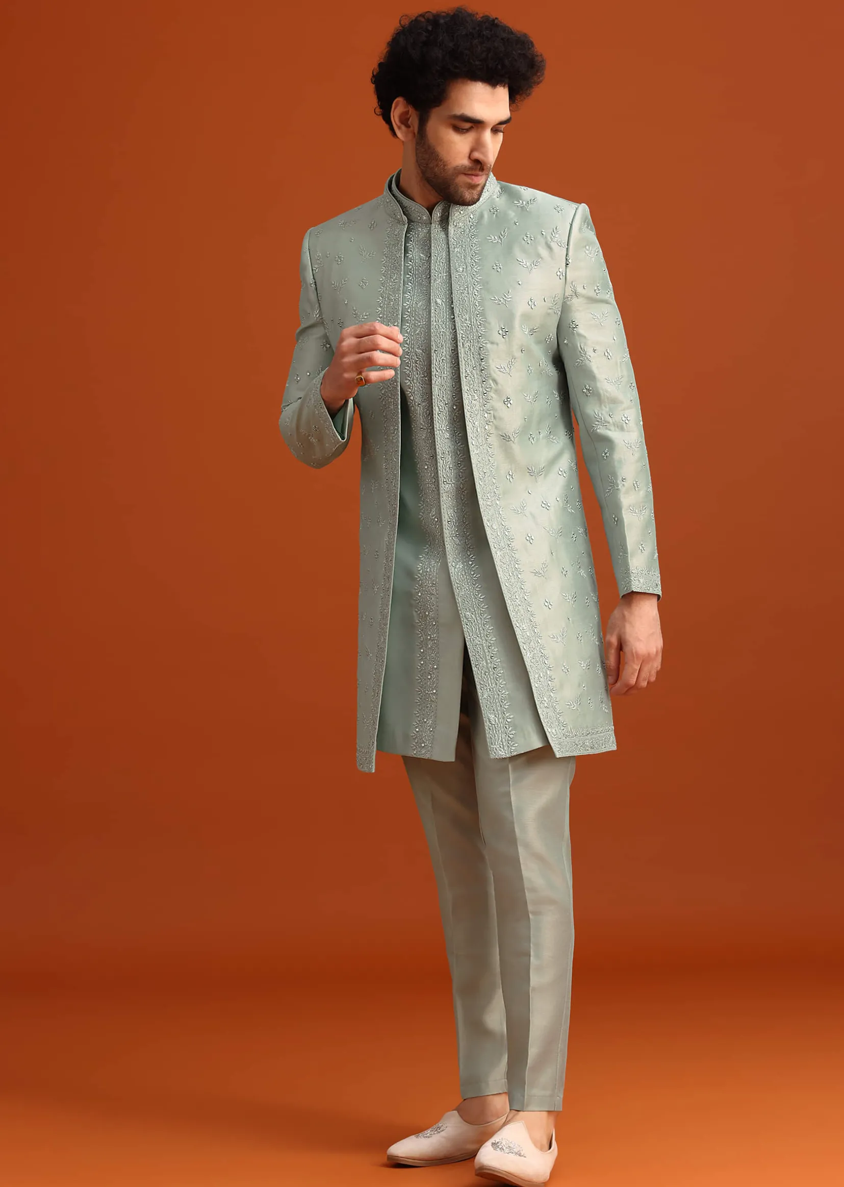 Ice Blue Cotton Silk Embroidered Sherwani Set