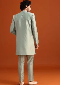 Ice Blue Cotton Silk Embroidered Sherwani Set