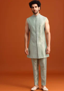 Ice Blue Cotton Silk Embroidered Sherwani Set