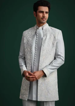 Ice Blue Cotton Silk Hand Work Sherwani Kurta Set