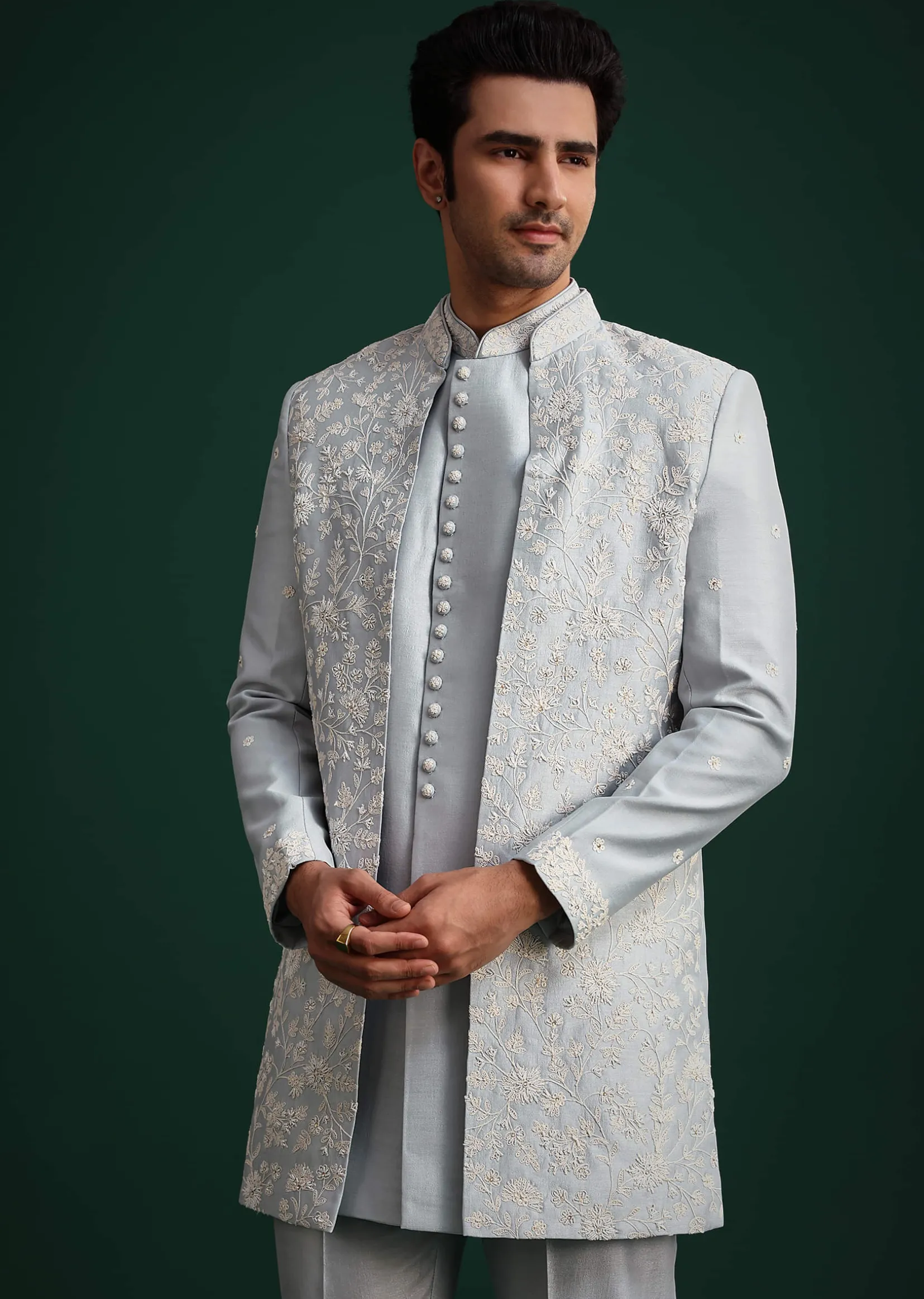 Ice Blue Cotton Silk Hand Work Sherwani Kurta Set