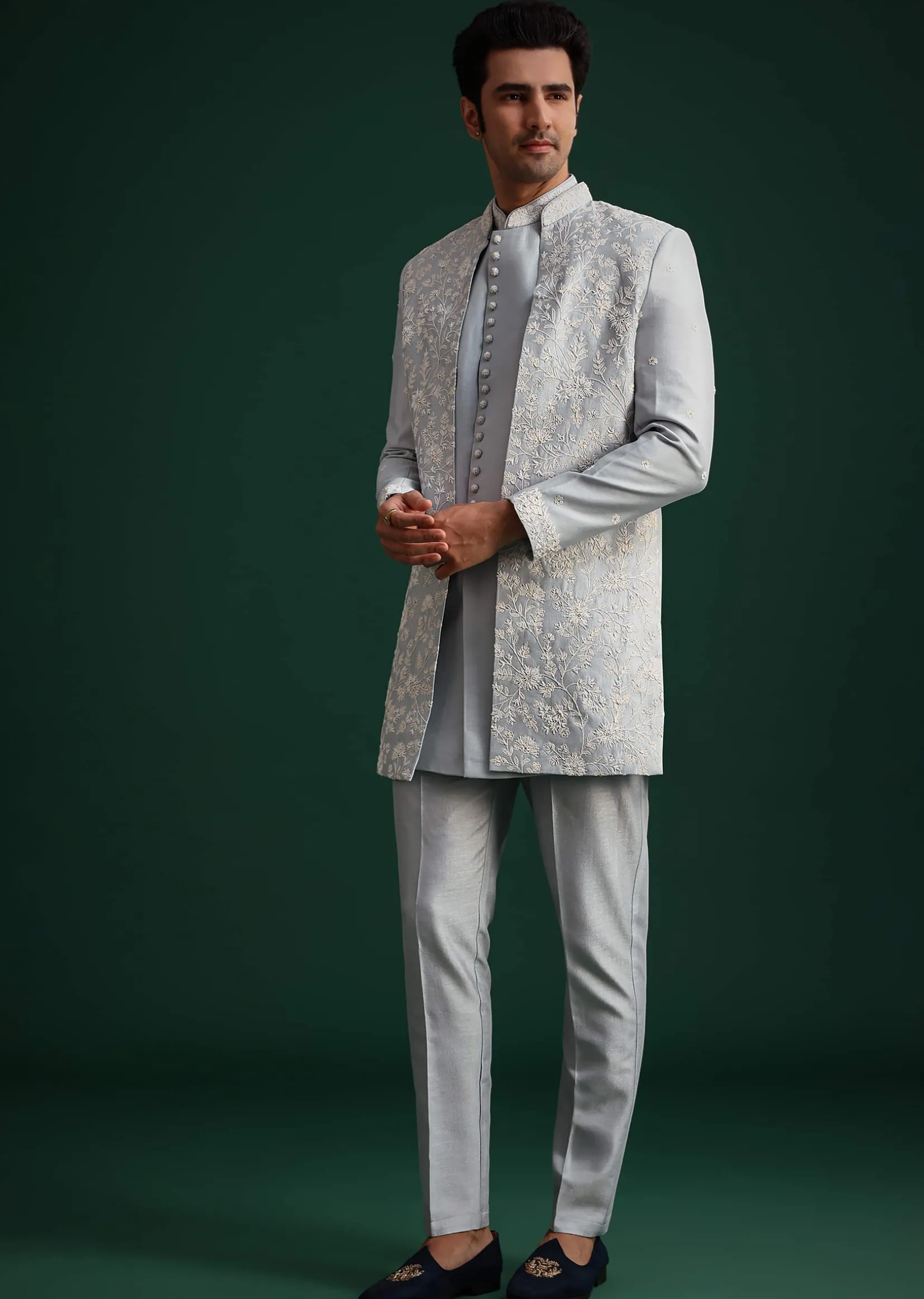 Ice Blue Cotton Silk Hand Work Sherwani Kurta Set