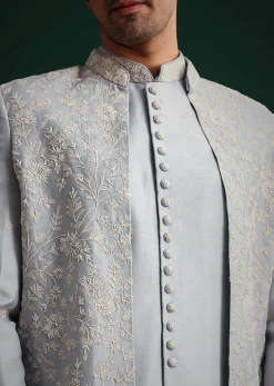 Ice Blue Cotton Silk Hand Work Sherwani Kurta Set