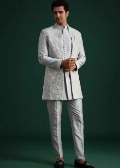 Ice Blue Cotton Silk Hand Work Sherwani Kurta Set
