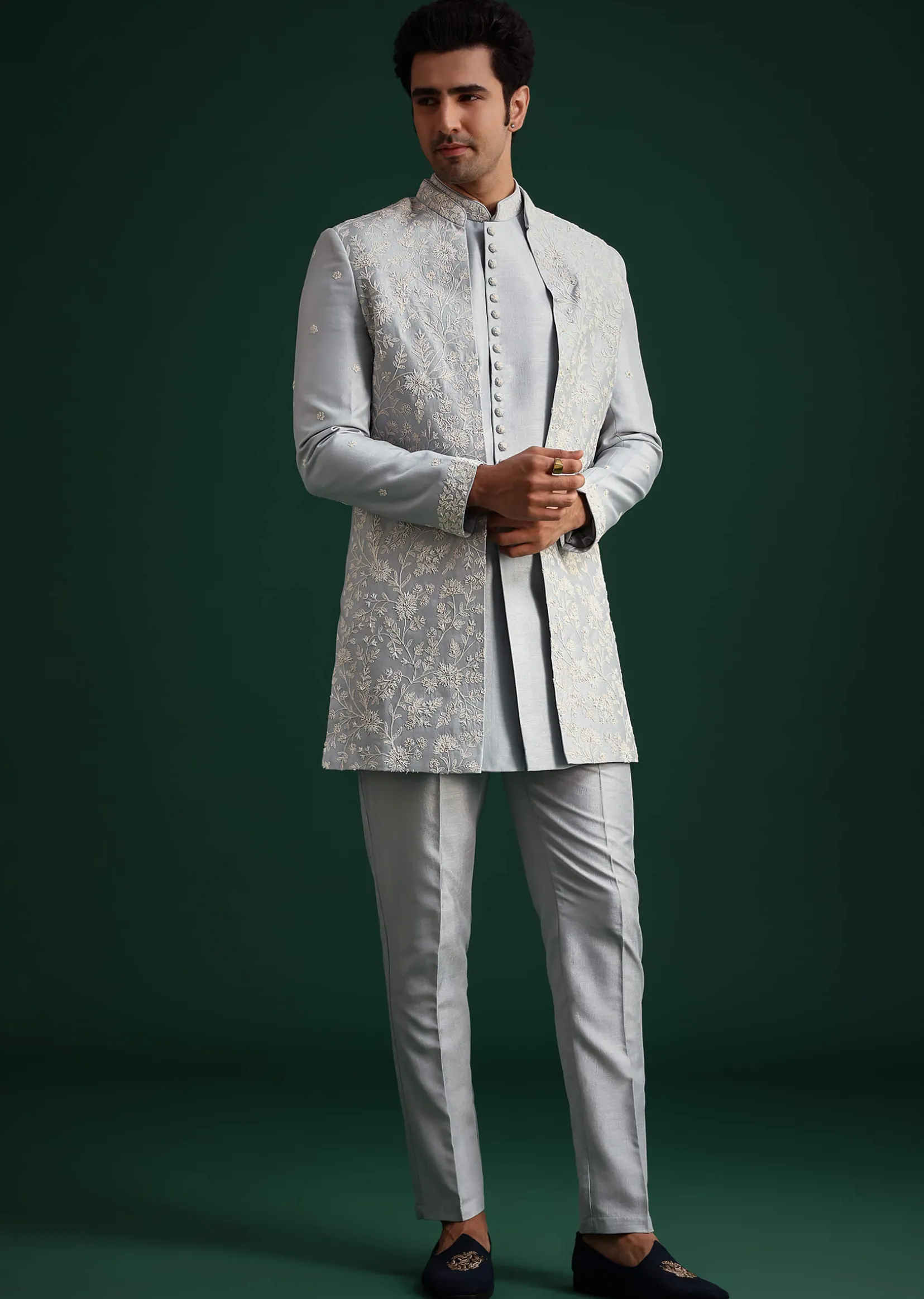 Ice Blue Cotton Silk Hand Work Sherwani Kurta Set