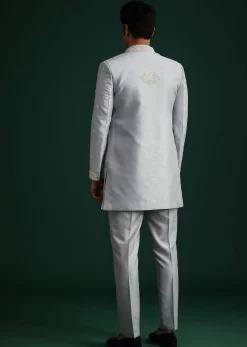 Ice Blue Cotton Silk Hand Work Sherwani Kurta Set