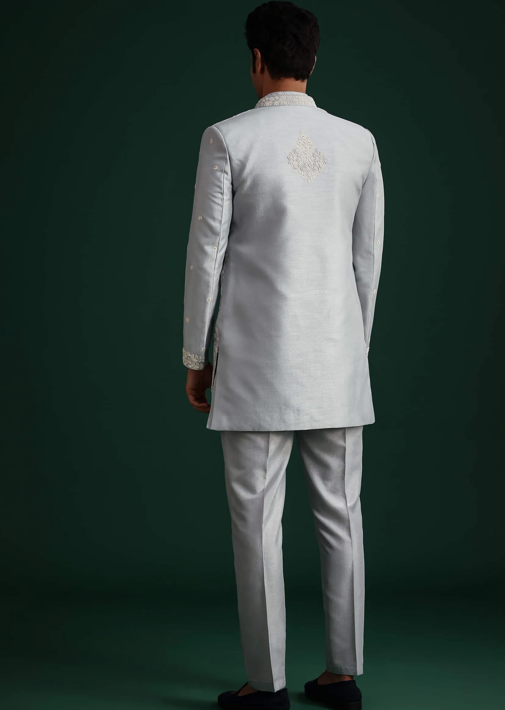 Ice Blue Cotton Silk Hand Work Sherwani Kurta Set