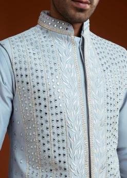 Ice Blue Cotton Silk Kurta Jacket Set With Vine Motif Threadwork