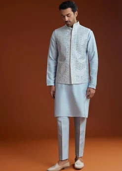 Ice Blue Cotton Silk Kurta Jacket Set With Vine Motif Threadwork
