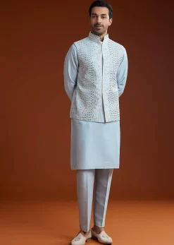 Ice Blue Cotton Silk Kurta Jacket Set With Vine Motif Threadwork