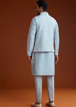 Ice Blue Cotton Silk Kurta Jacket Set With Vine Motif Threadwork