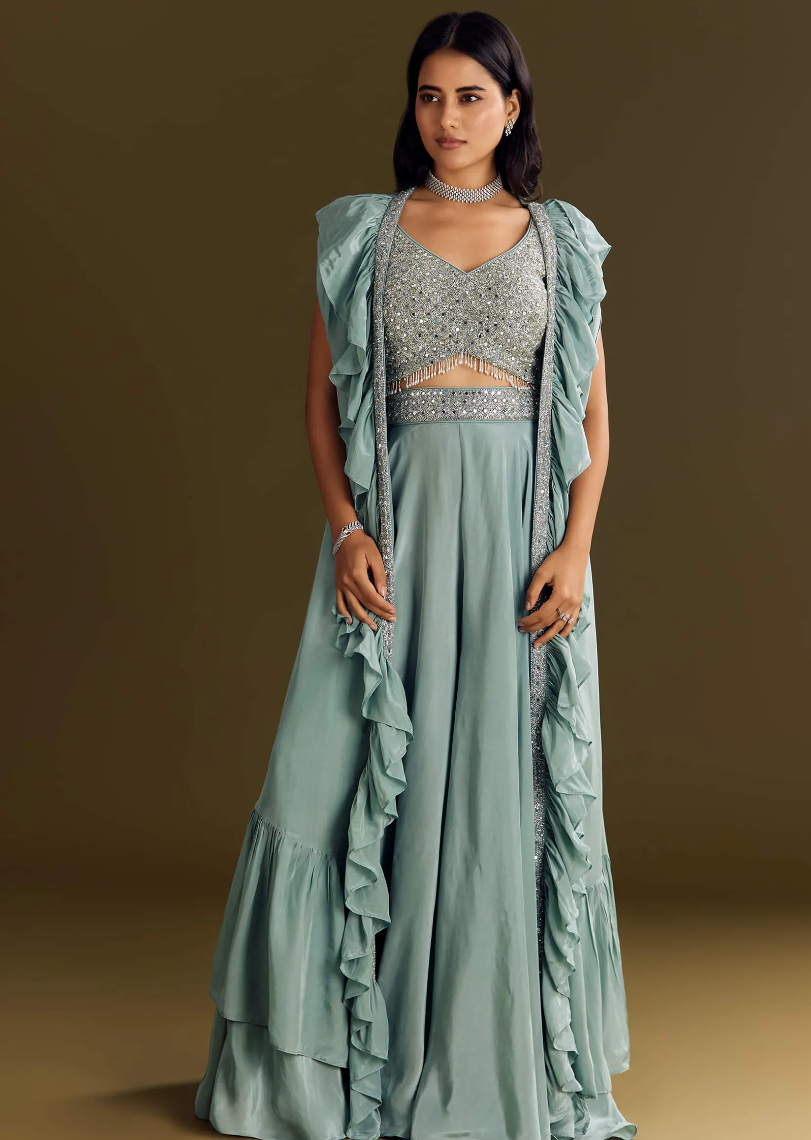 Ice Blue Crepe Croptop And Palazzo Set With Ruffled Jacket