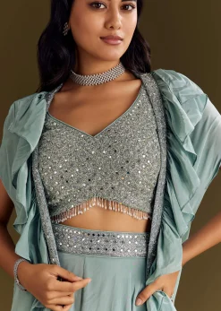 Ice Blue Crepe Croptop And Palazzo Set With Ruffled Jacket