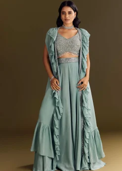 Ice Blue Crepe Croptop And Palazzo Set With Ruffled Jacket