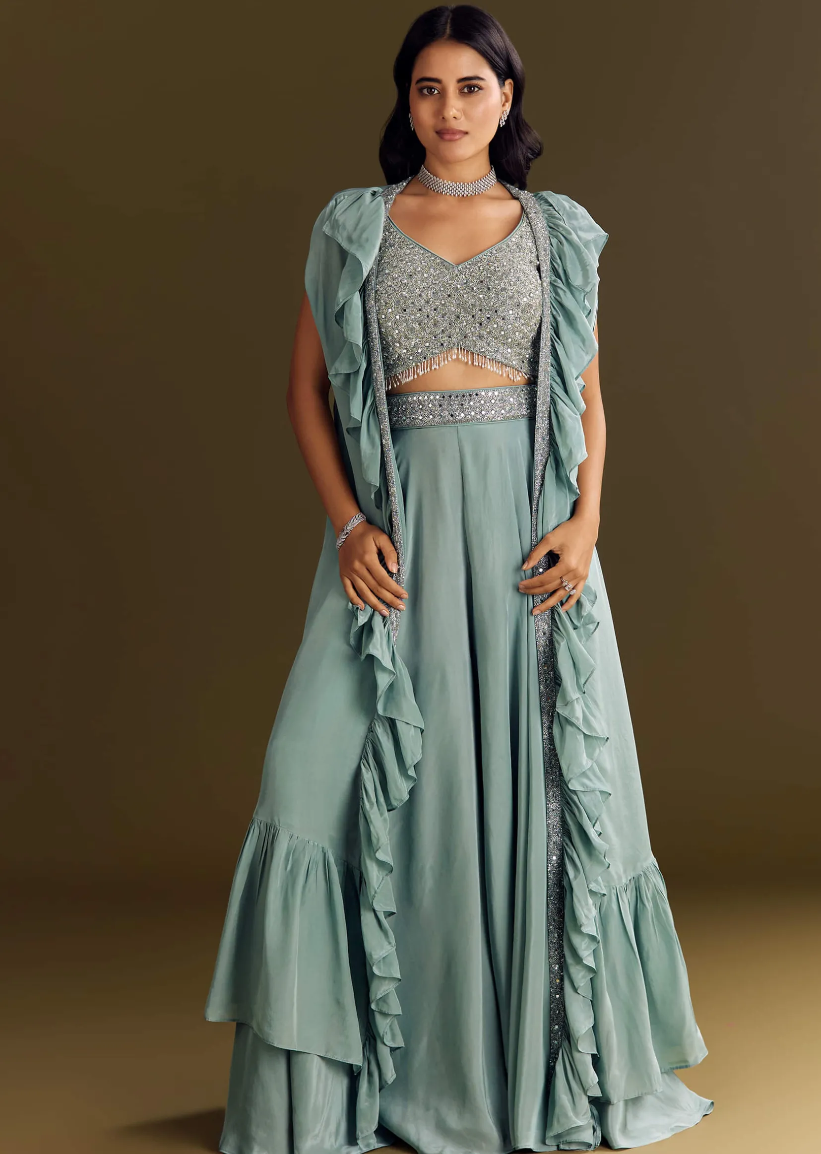 Ice Blue Crepe Croptop And Palazzo Set With Ruffled Jacket
