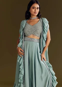 Ice Blue Crepe Croptop And Palazzo Set With Ruffled Jacket
