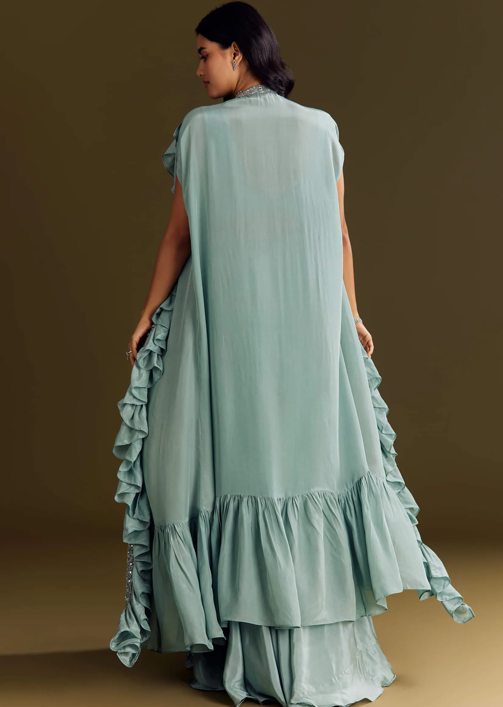 Ice Blue Crepe Croptop And Palazzo Set With Ruffled Jacket