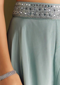 Ice Blue Crepe Croptop And Palazzo Set With Ruffled Jacket