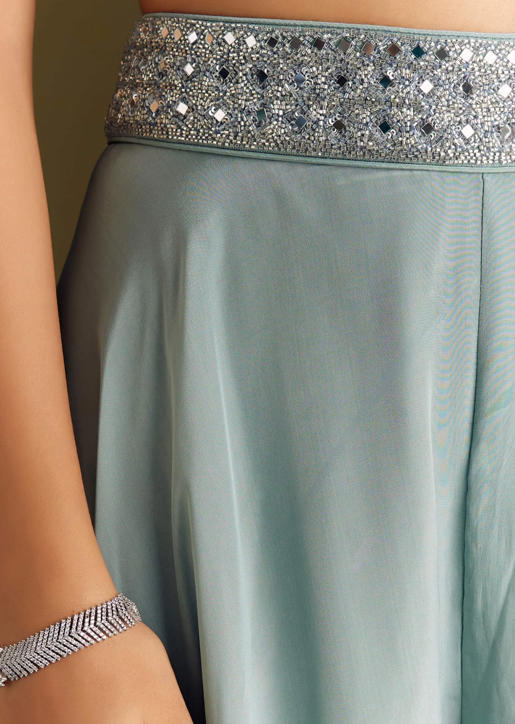 Ice Blue Crepe Croptop And Palazzo Set With Ruffled Jacket