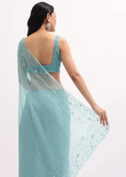 Ice Blue Embroidered Organza Saree With Unstitched Blouse