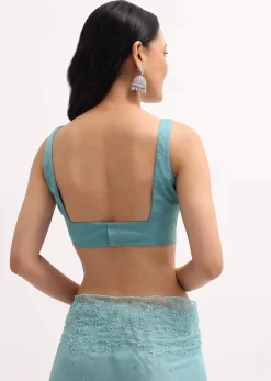 Ice Blue Embroidered Organza Saree With Unstitched Blouse