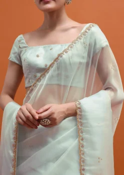 Ice Blue Embroidered Saree With Unstitched Blouse