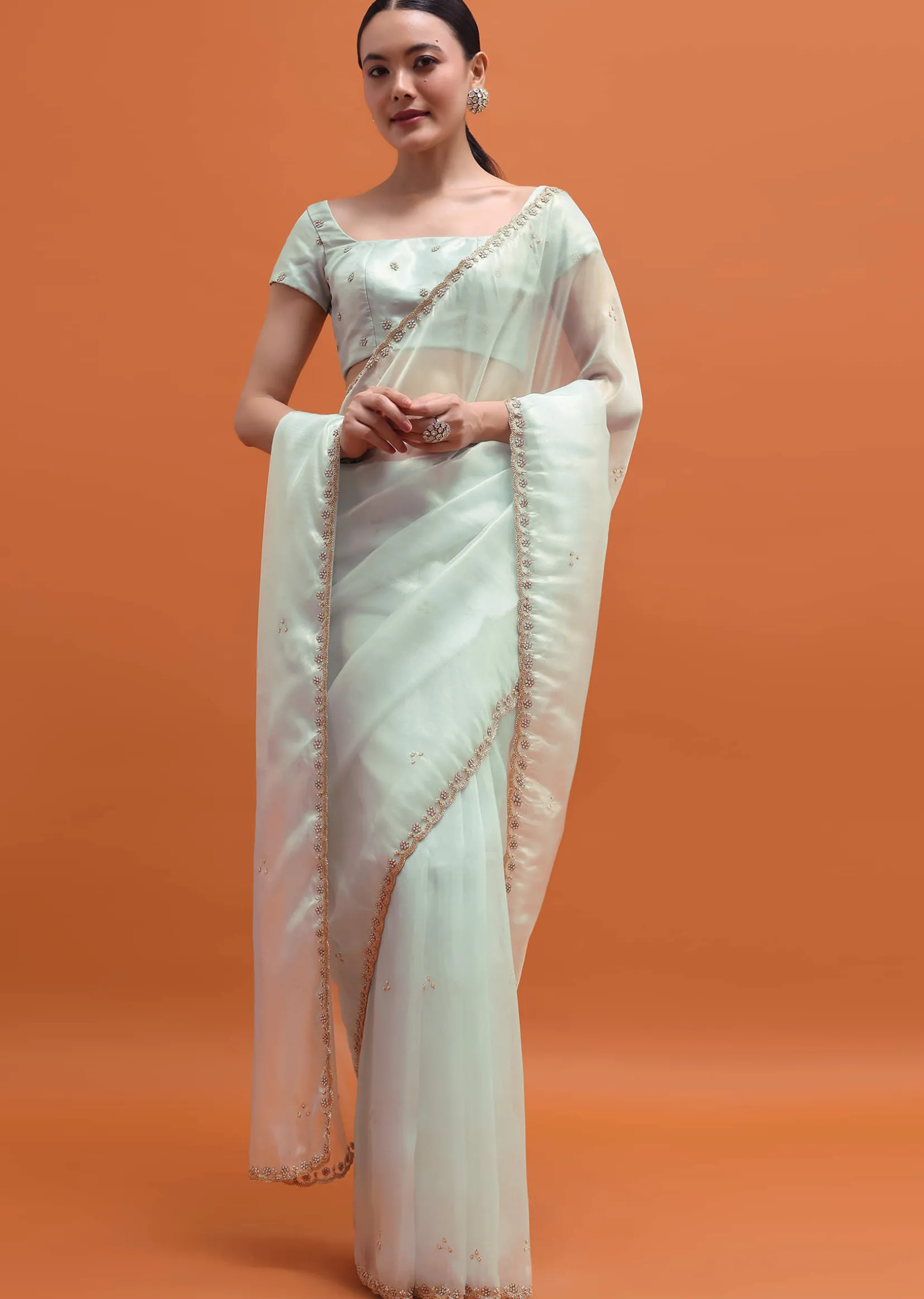 Ice Blue Embroidered Saree With Unstitched Blouse