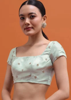 Ice Blue Embroidered Saree With Unstitched Blouse