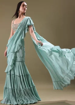 Ice Blue Frill Saree With Embroidered Blouse