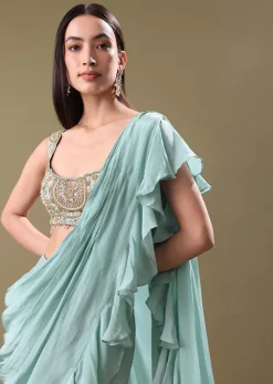 Ice Blue Frill Saree With Embroidered Blouse