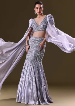 Ice Blue Mermaid Lehenga And Blouse With Long Wing Sleeves